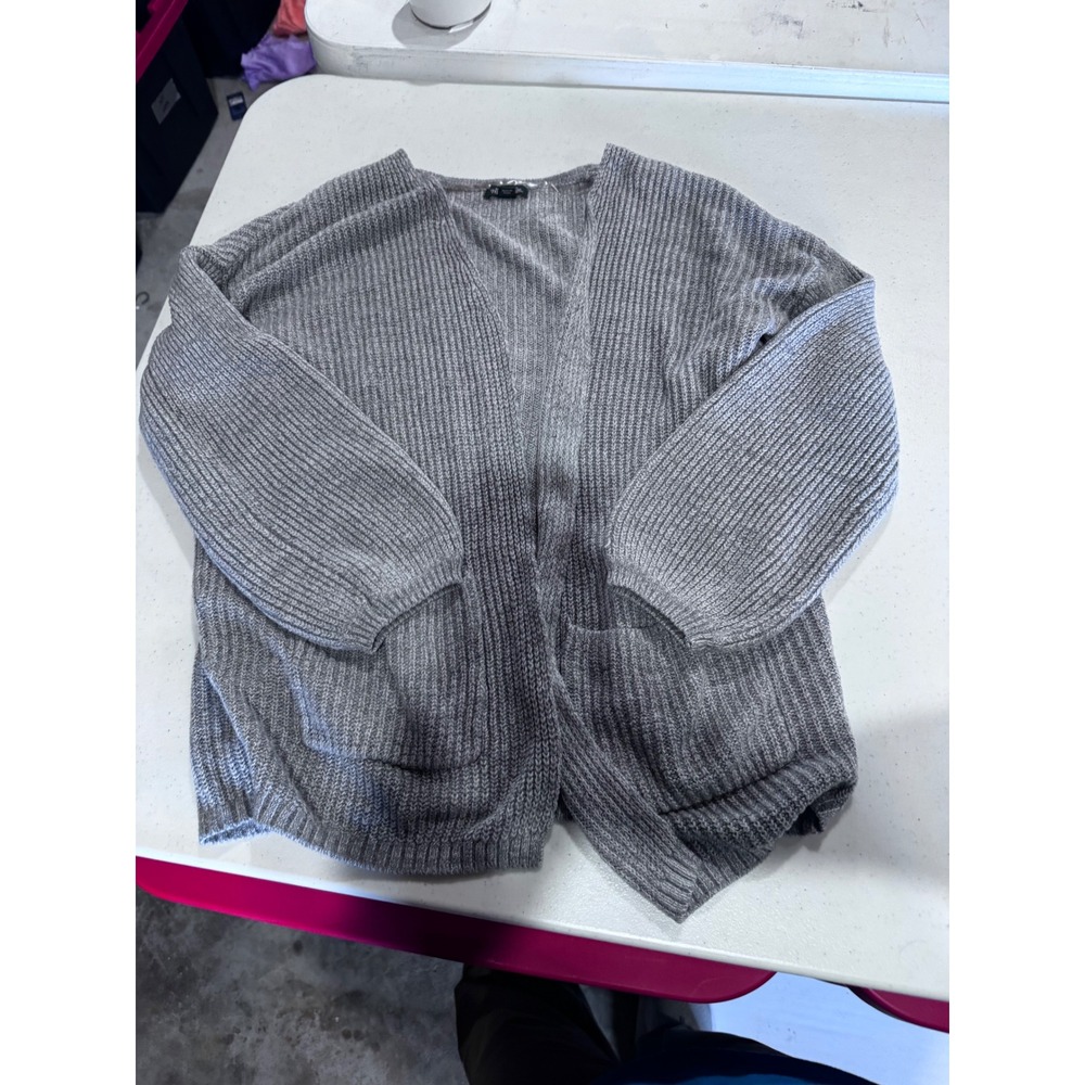 Wild Fable Gray Ribbed Knit Open Front Cardigan Balloon Sleeve Pockets Small